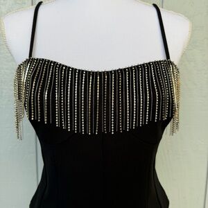 Sincerely Jules Black corset style rhinestone fringe sparkly Top size L